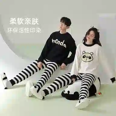 浪莎 软绵绵半边绒冬季男女睡衣圆领黑白条纹卡通印花加绒加厚家居套装 情侣款 黑色白色