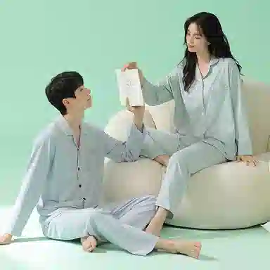 浪莎 春秋款莫代尔男女长袖绵绸开衫睡衣 宽松扣系翻领 纯色 可外穿 家居套装 情侣款 浅蓝色薄荷绿