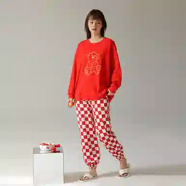 浪莎 春秋款女士纯棉睡衣女士长袖圆领卡通印花家居服套头格纹全棉简约舒适 家居套装 女款 红色