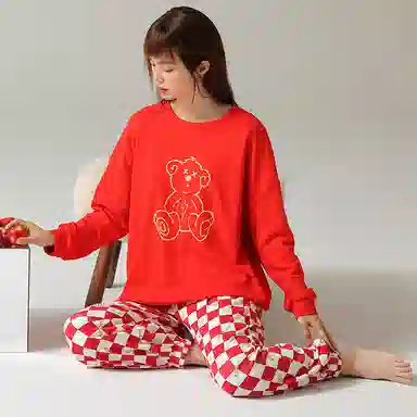 浪莎 春秋款女士纯棉睡衣女士长袖圆领卡通印花家居服套头格纹全棉简约舒适 家居套装 女款 红色