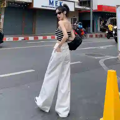 玫丝朵 纯色高腰宽松舒适牛仔裤 女款