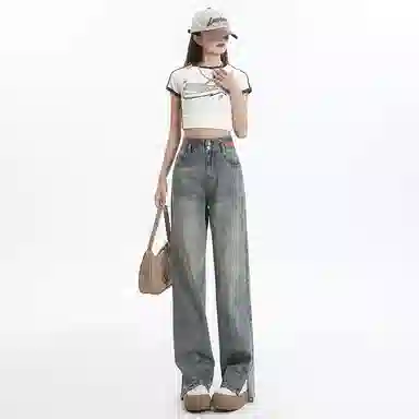 玫丝朵 美式复古高腰直筒牛仔裤 女款