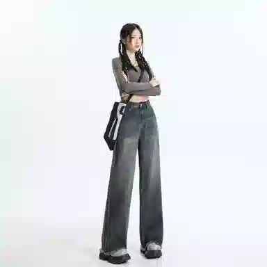 玫丝朵 美式复古高腰宽松阔腿牛仔裤 女款