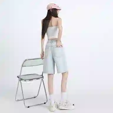 玫丝朵 纯色宽松适中高腰牛仔短裤 女款