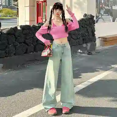 玫丝朵 宽松高腰适中阔腿牛仔裤 女款