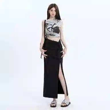 玫丝朵 开叉纯色高腰长款休闲长裙 女款