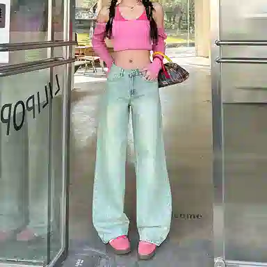 玫丝朵 宽松高腰适中阔腿牛仔裤 女款