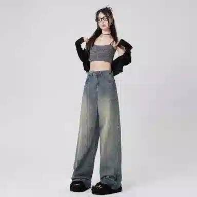 玫丝朵 中腰宽松无弹牛仔裤 女款 复古蓝