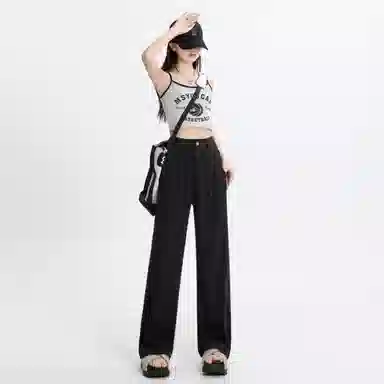 玫丝朵 纯色直筒垂感阔腿高腰牛仔裤 女款