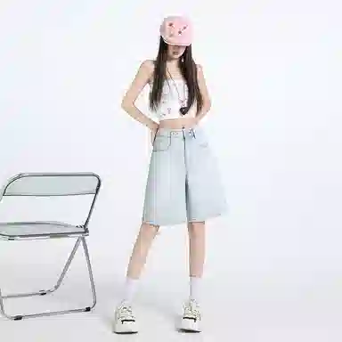 玫丝朵 纯色宽松适中高腰牛仔短裤 女款