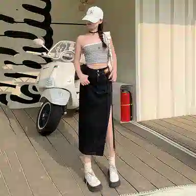 玫丝朵 小众设计感高腰开叉纯色休闲长裙 女款