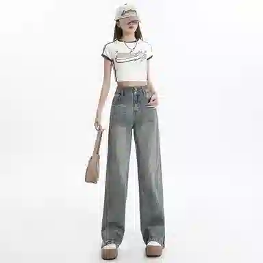 玫丝朵 美式复古高腰直筒牛仔裤 女款