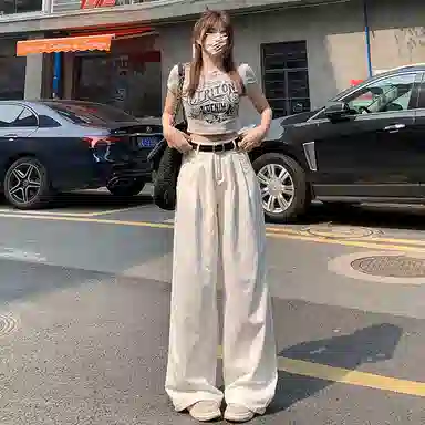 玫丝朵 复古高腰纯色阔腿牛仔裤 女款 白色