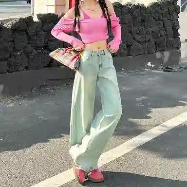 玫丝朵 宽松高腰适中阔腿牛仔裤 女款