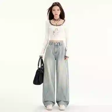 玫丝朵 宽松舒适纯色牛仔裤 女款 浅蓝