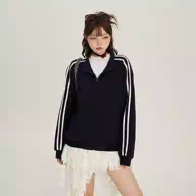 玫丝朵 美式复古条纹立领双杠撞色宽松休闲卫衣 女款