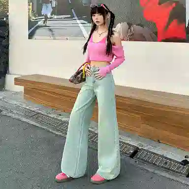 玫丝朵 宽松高腰适中阔腿牛仔裤 女款