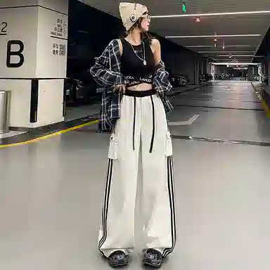 玫丝朵 美式复古条纹高腰宽松阔腿休闲裤 女款