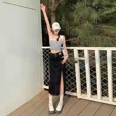 玫丝朵 小众设计感高腰开叉纯色休闲长裙 女款