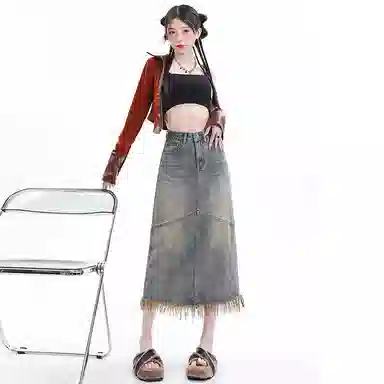 玫丝朵 水洗做旧毛边开叉牛仔长裙 女款 怀旧蓝