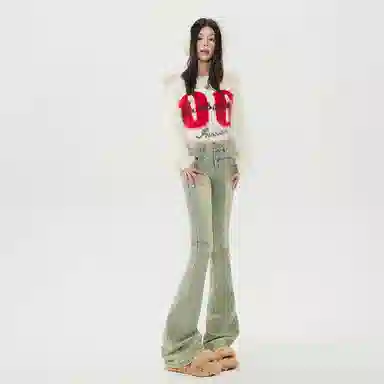 玫丝朵 美式辣妹修身喇叭高腰设计感牛仔裤 女款