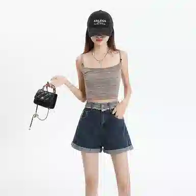 玫丝朵 水洗毛边高腰翻边直筒牛仔短裤 女款