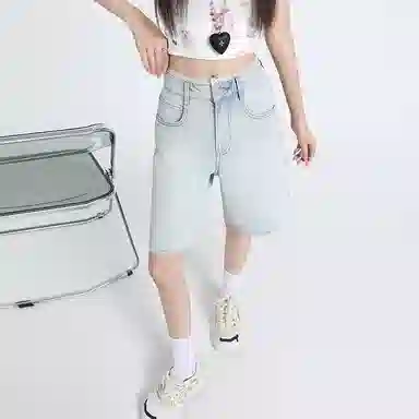 玫丝朵 纯色宽松适中高腰牛仔短裤 女款