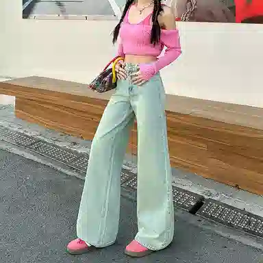 玫丝朵 宽松高腰适中阔腿牛仔裤 女款