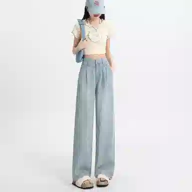 玫丝朵 纯色直筒垂感阔腿高腰牛仔裤 女款