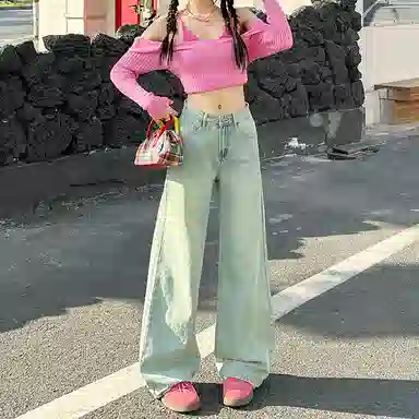 玫丝朵 宽松高腰适中阔腿牛仔裤 女款