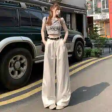 玫丝朵 复古高腰纯色阔腿牛仔裤 女款 白色