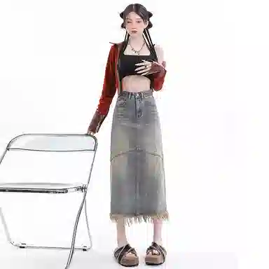 玫丝朵 水洗做旧毛边开叉牛仔长裙 女款 怀旧蓝