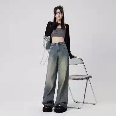 玫丝朵 中腰宽松无弹牛仔裤 女款 复古蓝