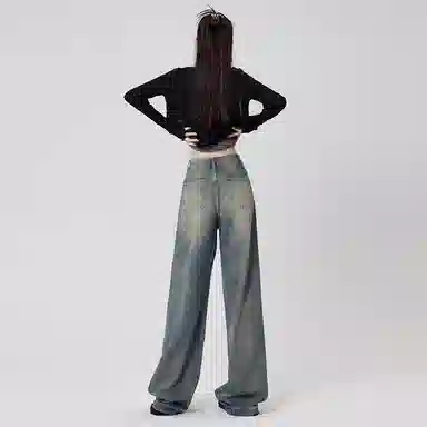 玫丝朵 中腰宽松无弹牛仔裤 女款 复古蓝