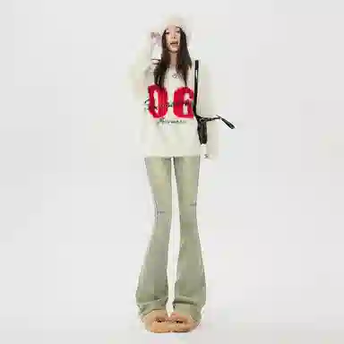 玫丝朵 美式辣妹修身喇叭高腰设计感牛仔裤 女款