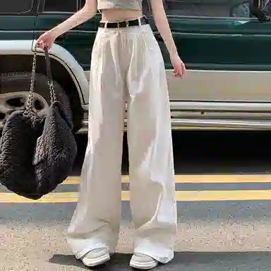 玫丝朵 复古高腰纯色阔腿牛仔裤 女款 白色