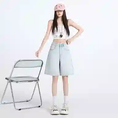 玫丝朵 纯色宽松适中高腰牛仔短裤 女款