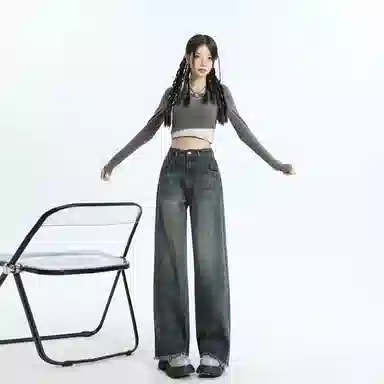 玫丝朵 美式复古高腰宽松阔腿牛仔裤 女款