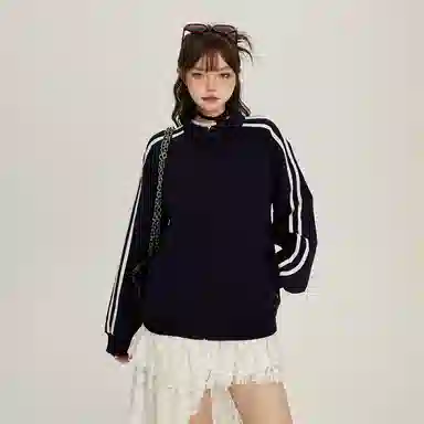 玫丝朵 美式复古条纹立领双杠撞色宽松休闲卫衣 女款