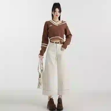 玫丝朵 高腰适中宽松阔腿牛仔裤 女款