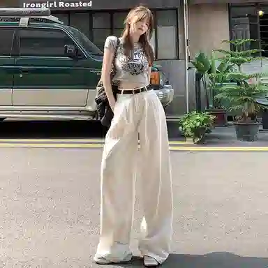 玫丝朵 复古高腰纯色阔腿牛仔裤 女款 白色