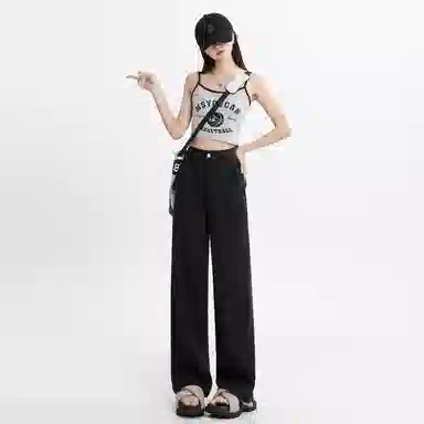 玫丝朵 纯色直筒垂感阔腿高腰牛仔裤 女款