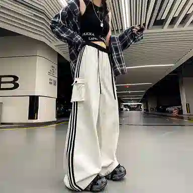 玫丝朵 美式复古条纹高腰宽松阔腿休闲裤 女款