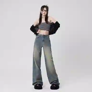 玫丝朵 中腰宽松无弹牛仔裤 女款 复古蓝