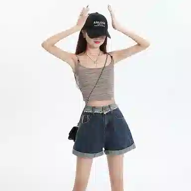 玫丝朵 水洗毛边高腰翻边直筒牛仔短裤 女款