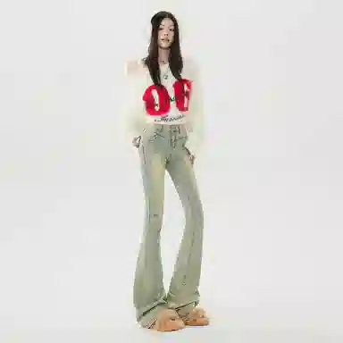 玫丝朵 美式辣妹修身喇叭高腰设计感牛仔裤 女款