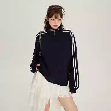 玫丝朵 美式复古条纹立领双杠撞色宽松休闲卫衣 女款