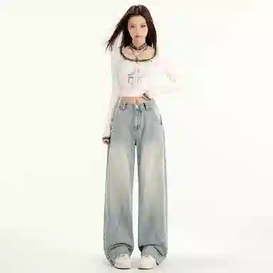 玫丝朵 宽松舒适纯色牛仔裤 女款 浅蓝