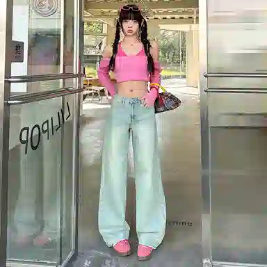 玫丝朵 宽松高腰适中阔腿牛仔裤 女款