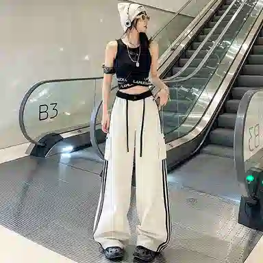 玫丝朵 美式复古条纹高腰宽松阔腿休闲裤 女款